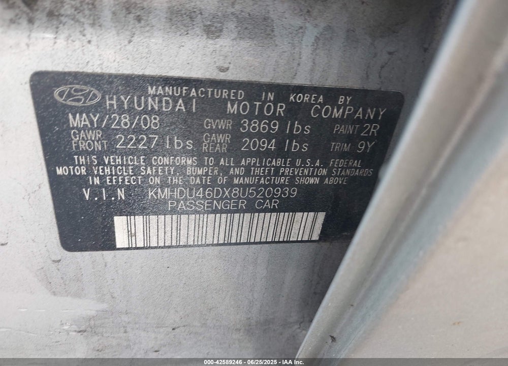 2008 HYUNDAI ELANTRA GLS/SE VIN: KMHDU46DX8U520939