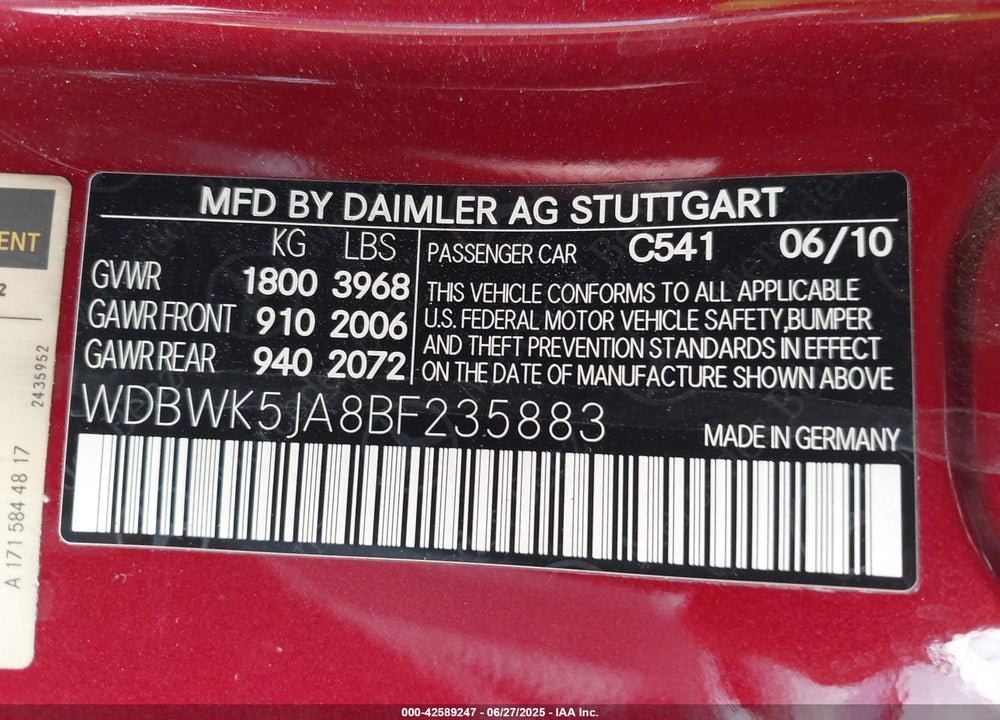 2011 MERCEDES-BENZ SLK 350 VIN: WDBWK5JA8BF235883