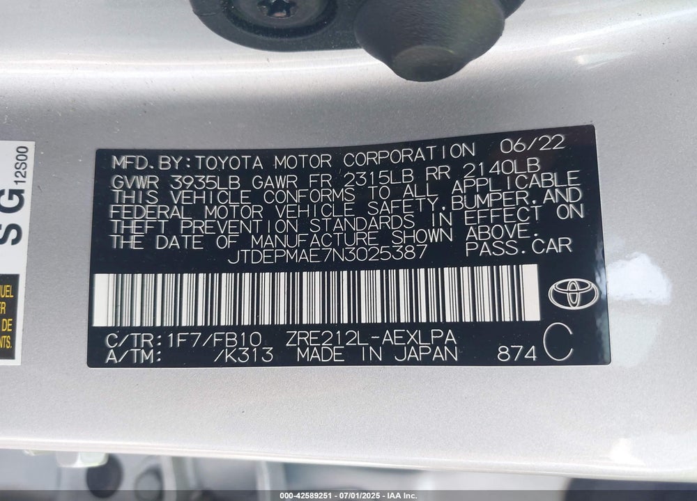 2022 TOYOTA COROLLA VIN: JTDEPMAE7N3025387