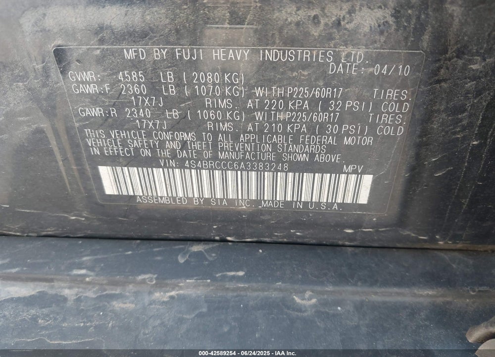 2010 SUBARU OUTBACK VIN: 4S4BRCCC6A3383248