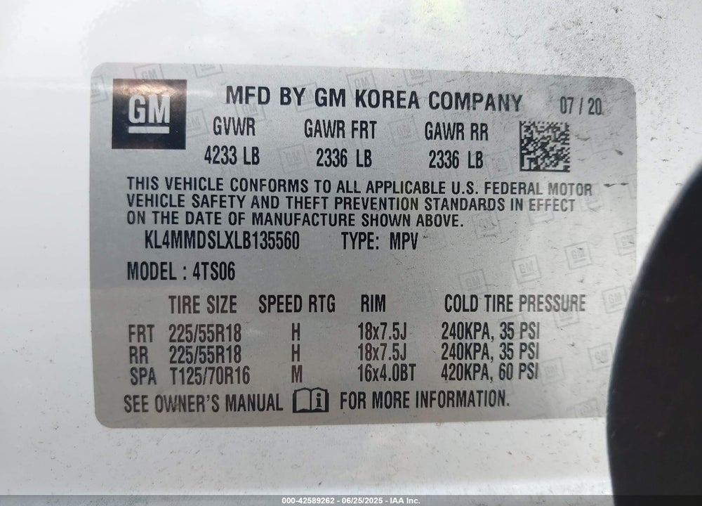 2020 BUICK ENCORE GX VIN: KL4MMDSLXLB135560