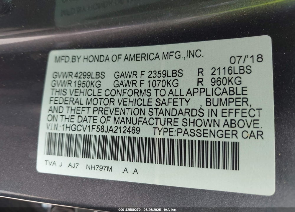 2018 HONDA ACCORD VIN: 1HGCV1F58JA212469