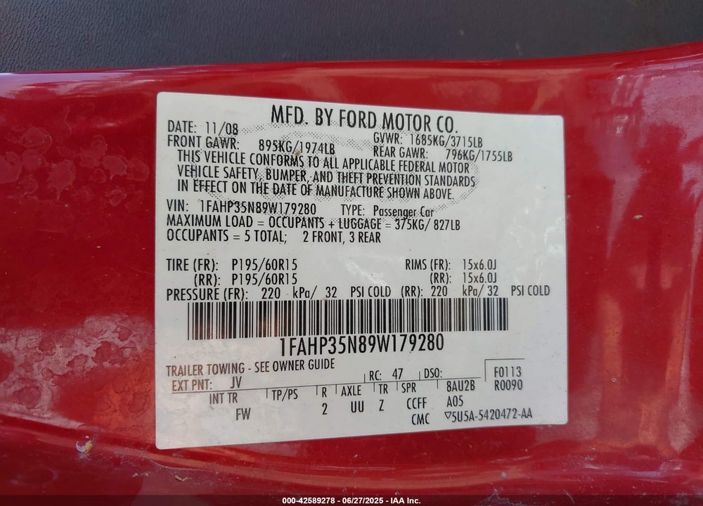 2009 FORD FOCUS VIN: 1FAHP35N89W179280