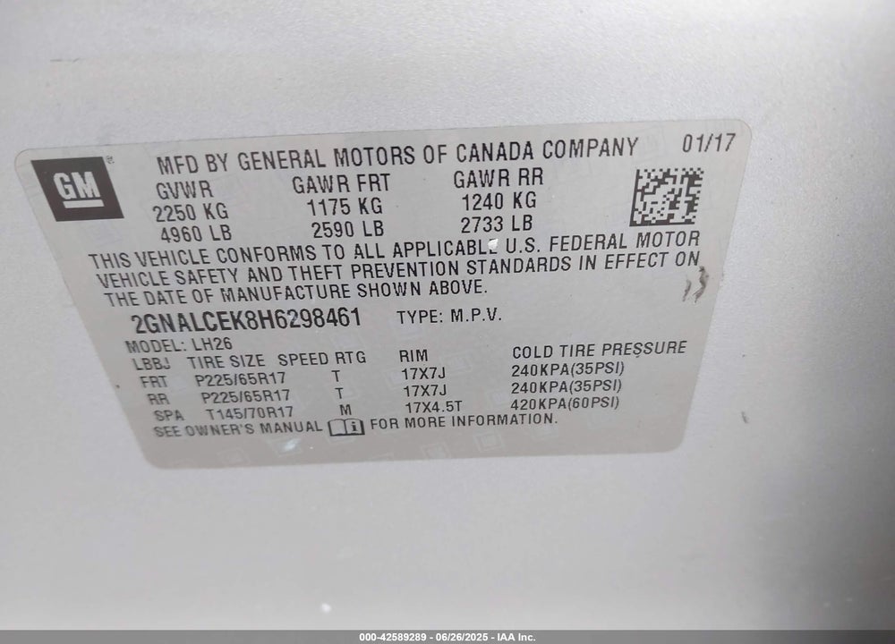 2017 CHEVROLET EQUINOX VIN: 2GNALCEK8H6298461
