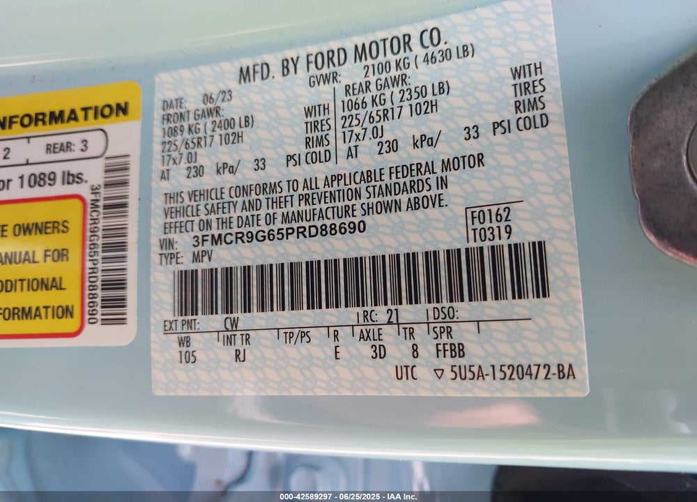 2023 FORD BRONCO SPORT VIN: 3FMCR9G65PRD88690