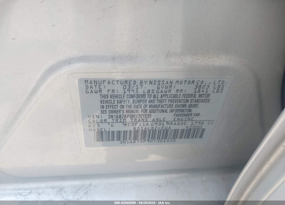 2017 NISSAN SENTRA VIN: 3N1AB7AP9HY301535