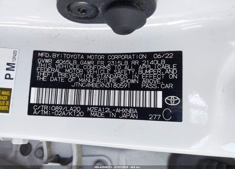 2022 TOYOTA COROLLA VIN: JTNC4MBEXN3180591