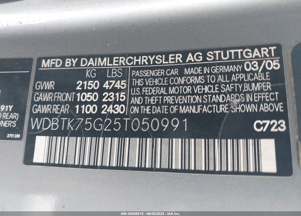 2005 MERCEDES-BENZ CLK 500 VIN: WDBTK75G25T050991