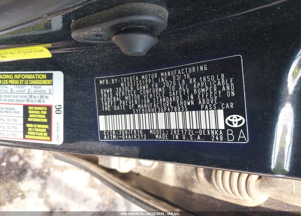 2016 TOYOTA COROLLA VIN: 5YFBURHE3GP478835