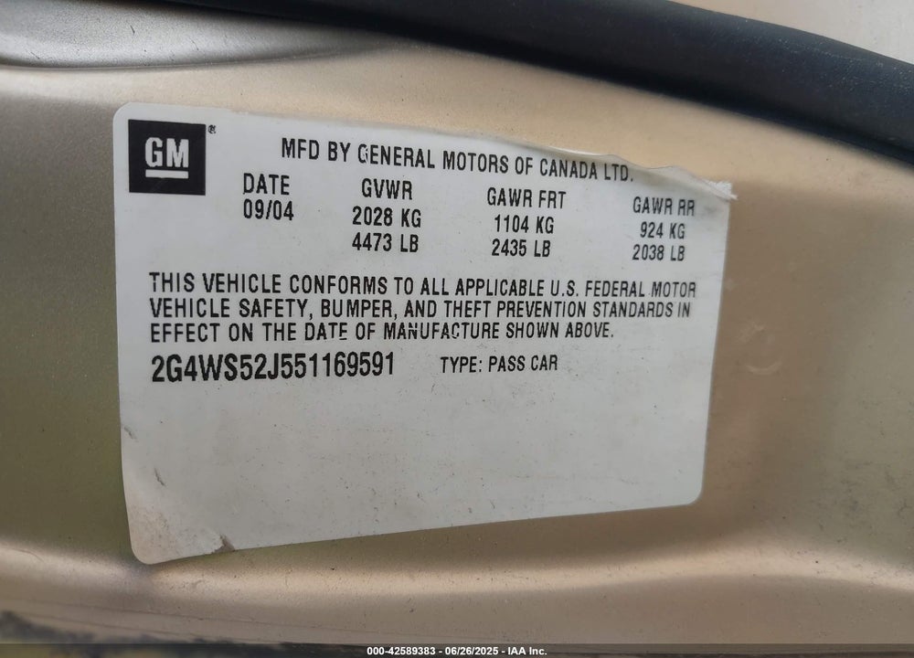 2005 BUICK CENTURY VIN: 2G4WS52J551169591