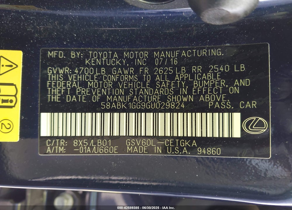2016 LEXUS ES 350 VIN: 58ABK1GG9GU029824
