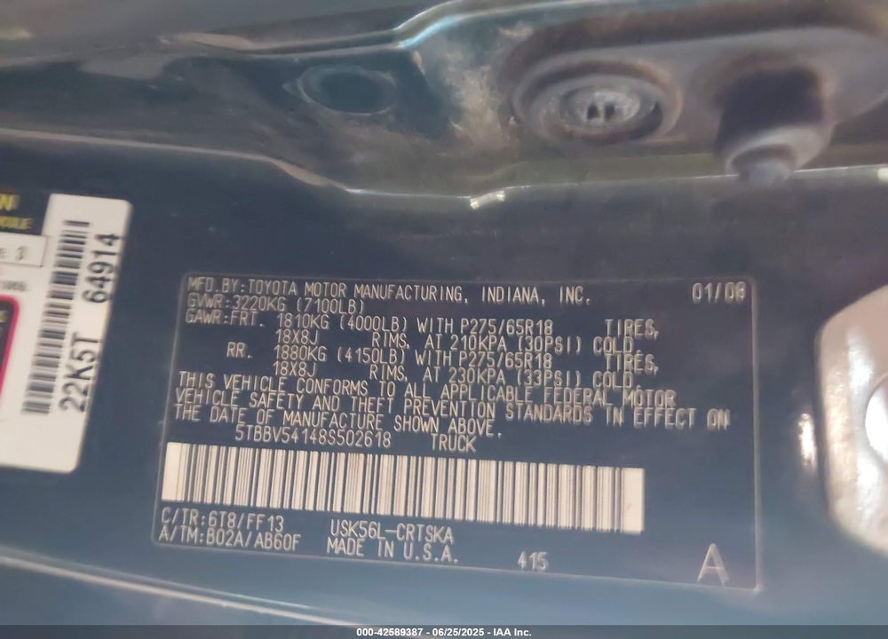 2008 TOYOTA TUNDRA SR5 5.7L V8 VIN: 5TBBV54148S502618