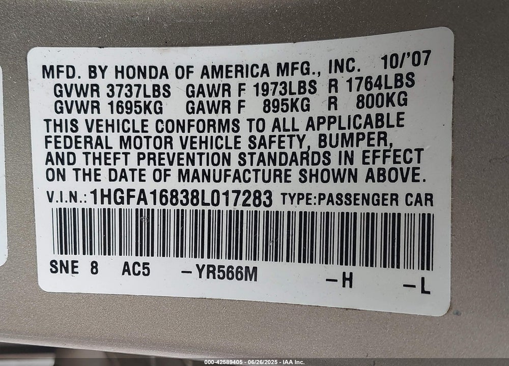 2008 HONDA CIVIC EX VIN: 1HGFA16838L017283