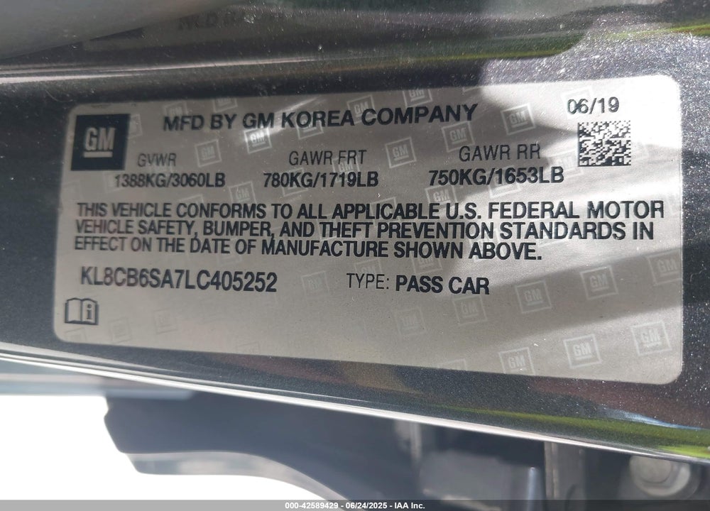 2020 CHEVROLET SPARK VIN: KL8CB6SA7LC405252