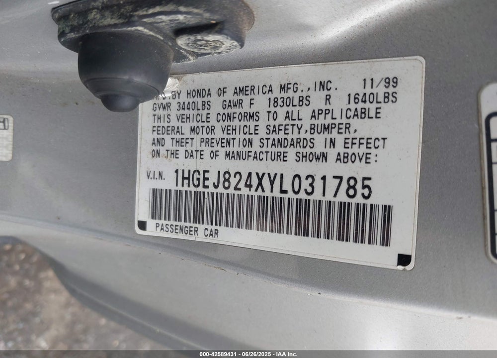 2000 HONDA CIVIC EX VIN: 1HGEJ824XYL031785