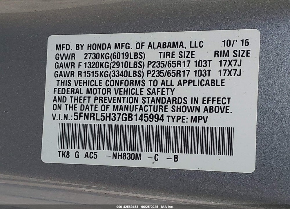 2016 HONDA ODYSSEY SE VIN: 5FNRL5H37GB145994