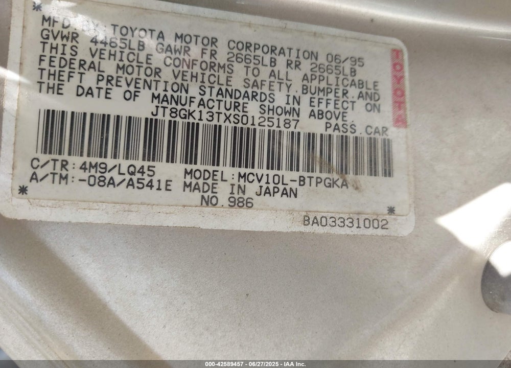 1995 LEXUS ES 300 VIN: JT8GK13TXS0125187
