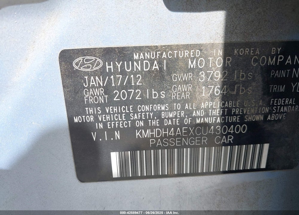 2012 HYUNDAI ELANTRA VIN: KMHDH4AEXCU430400