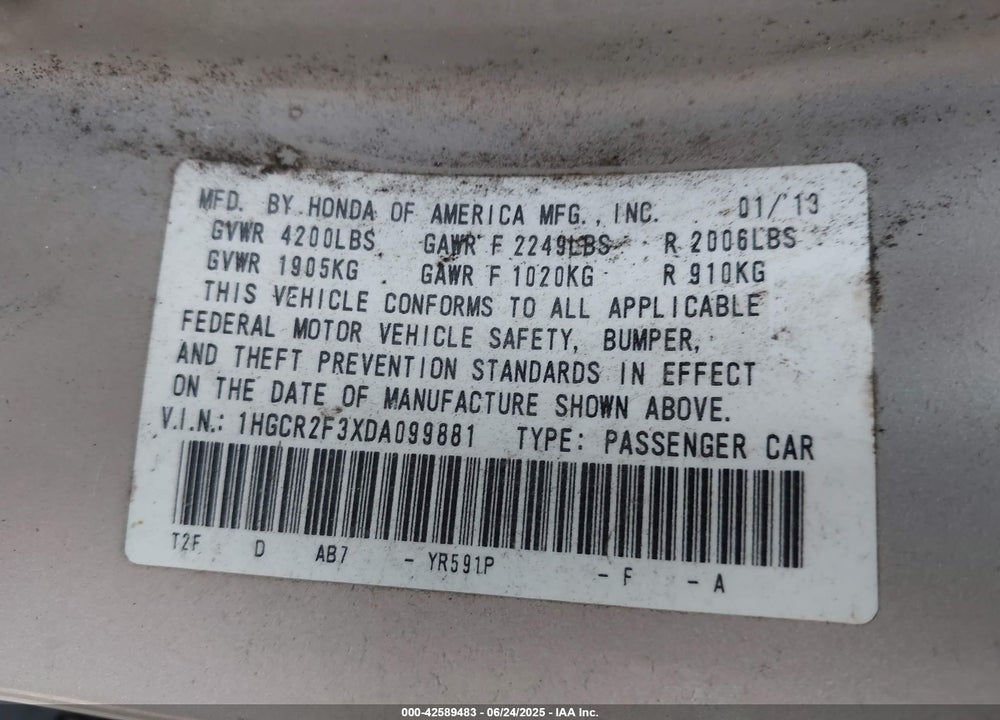 2013 HONDA ACCORD VIN: 1HGCR2F3XDA099881