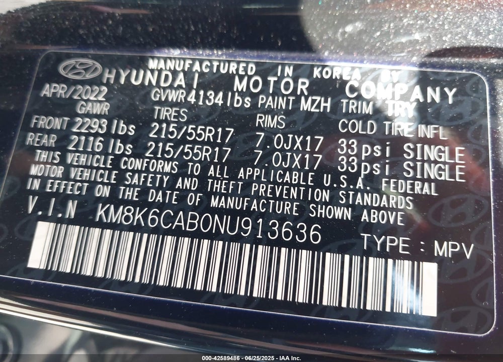 2022 HYUNDAI KONA VIN: KM8K6CAB0NU913636