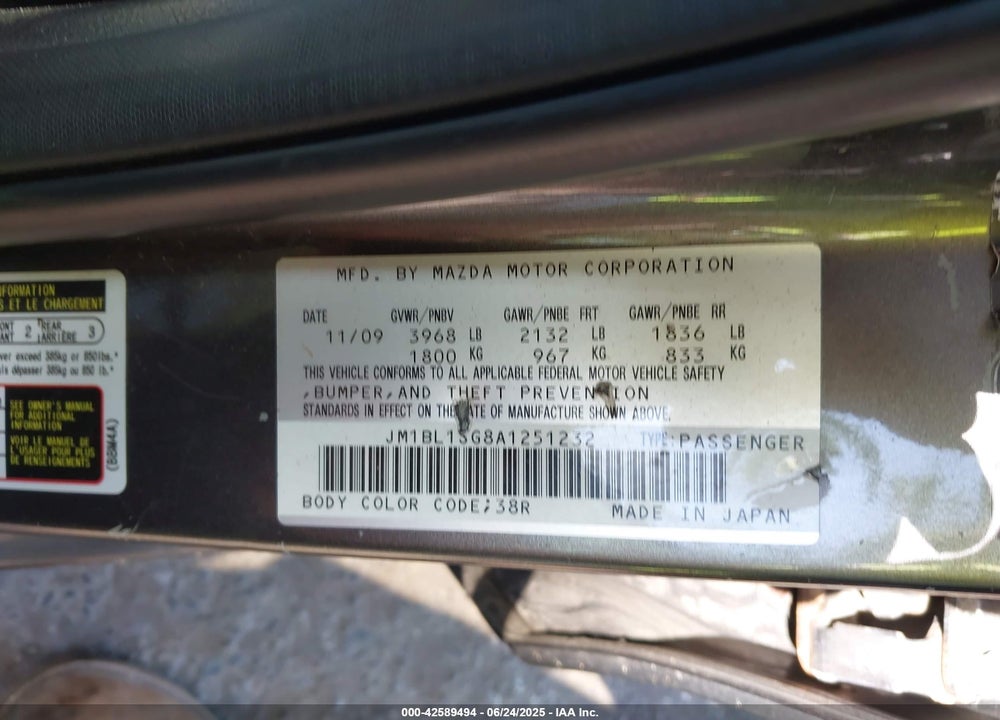 2010 MAZDA 3 VIN: JM1BL1SG8A1251232