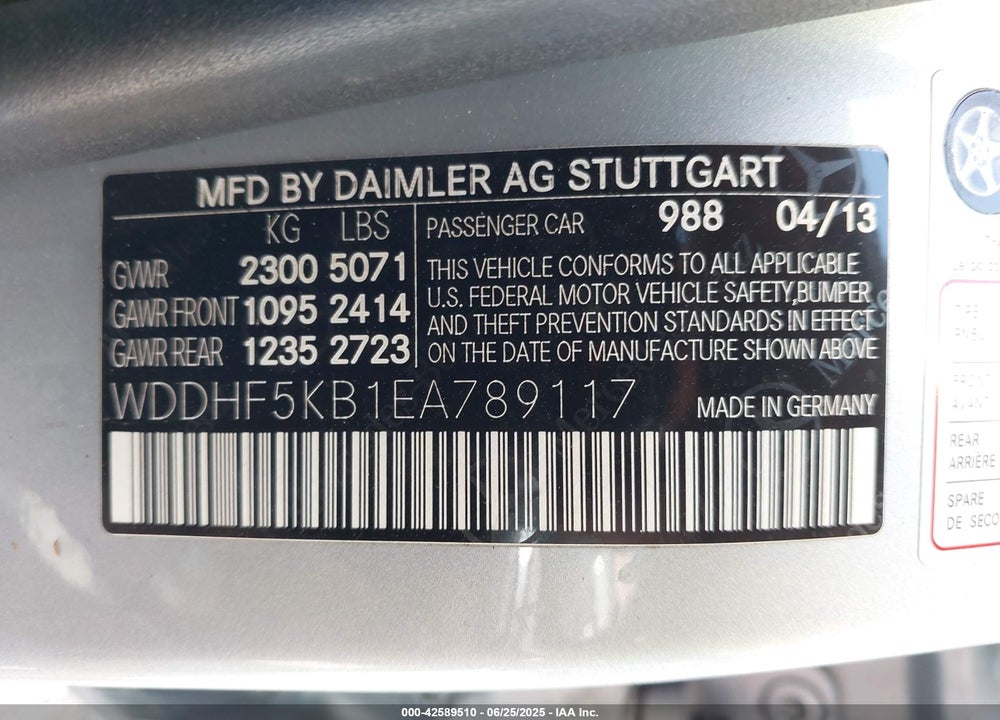 2014 MERCEDES-BENZ E-CLASS VIN: WDDHF5KB1EA789117