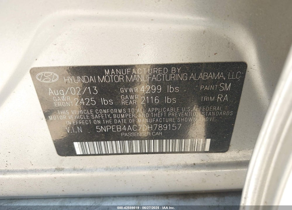 2013 HYUNDAI SONATA VIN: 5NPEB4AC7DH789157