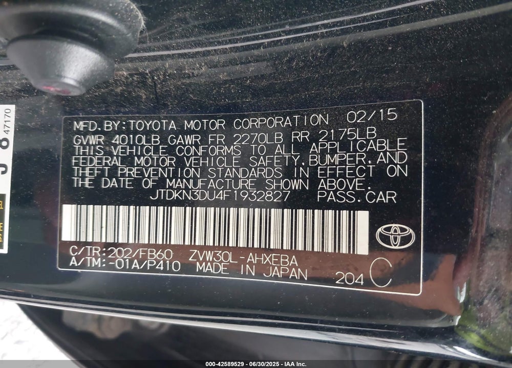 2015 TOYOTA PRIUS VIN: JTDKN3DU4F1932827