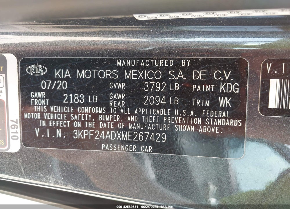 2021 KIA FORTE VIN: 3KPF24ADXME267429