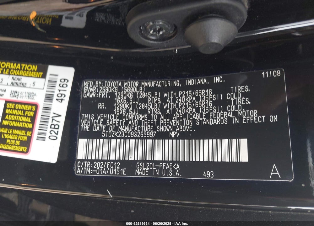 2009 TOYOTA SIENNA VIN: 5TDZK23C09S265997