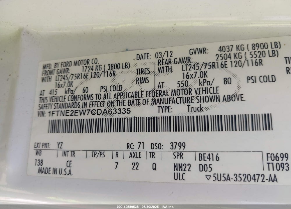 2012 FORD E-250 COMMERCIAL VIN: 1FTNE2EW7CDA63335