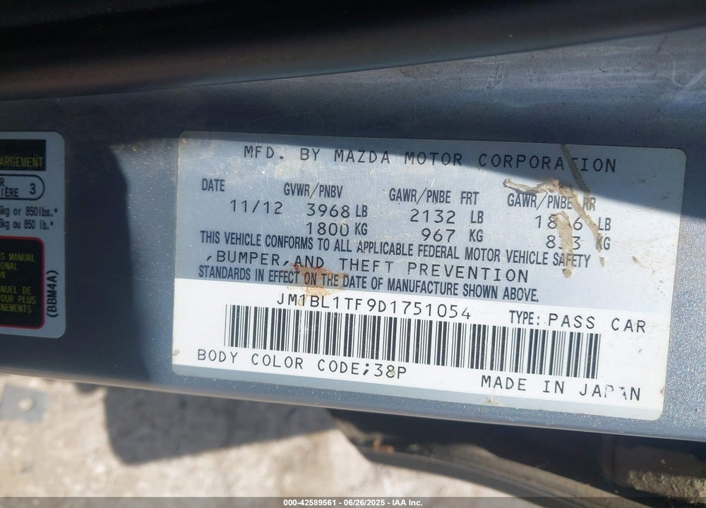 2013 MAZDA 3 I SV VIN: JM1BL1TF9D1751054