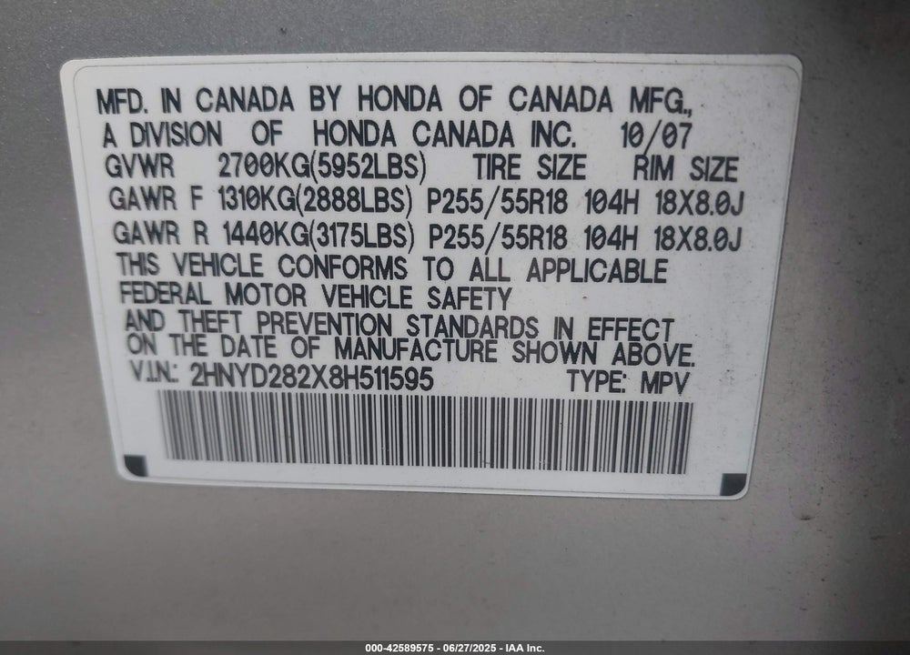 2008 ACURA MDX VIN: 2HNYD282X8H511595