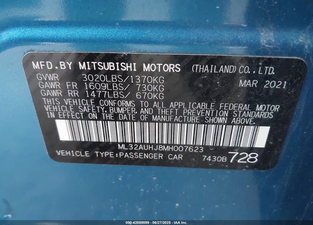 2021 MITSUBISHI MIRAGE CARBONITE EDITION/ES/LE VIN: ML32AUHJ8MH007623