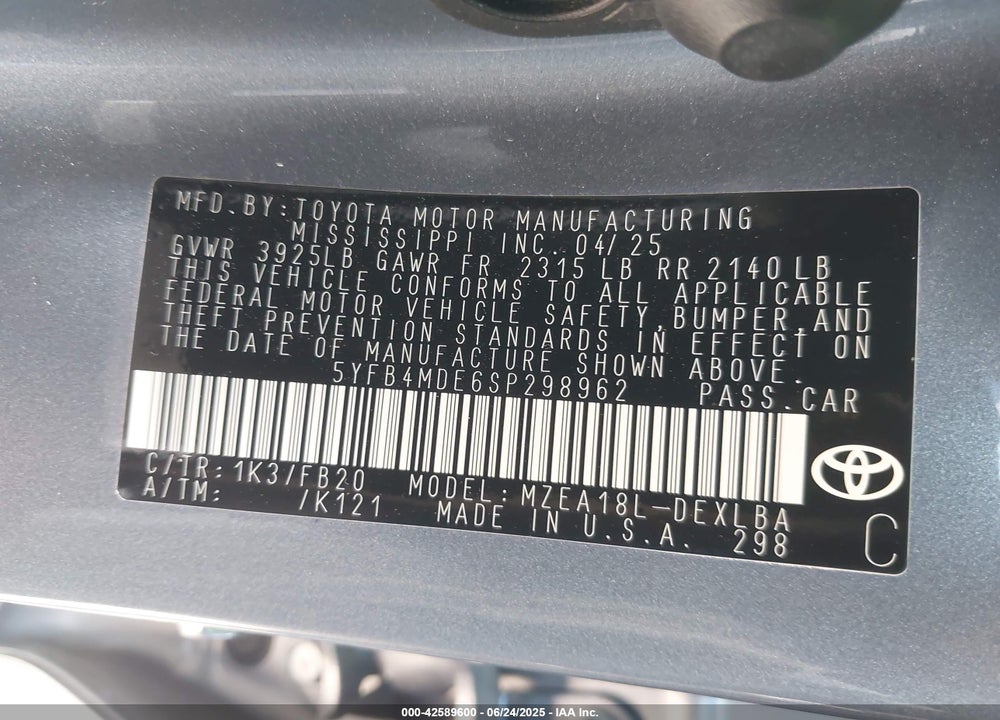 2025 TOYOTA COROLLA LE VIN: 5YFB4MDE6SP298962