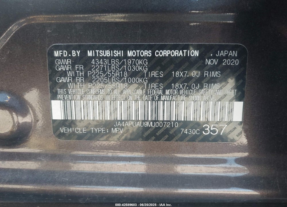 2021 MITSUBISHI OUTLANDER SPORT VIN: JA4APUAU9MU007210