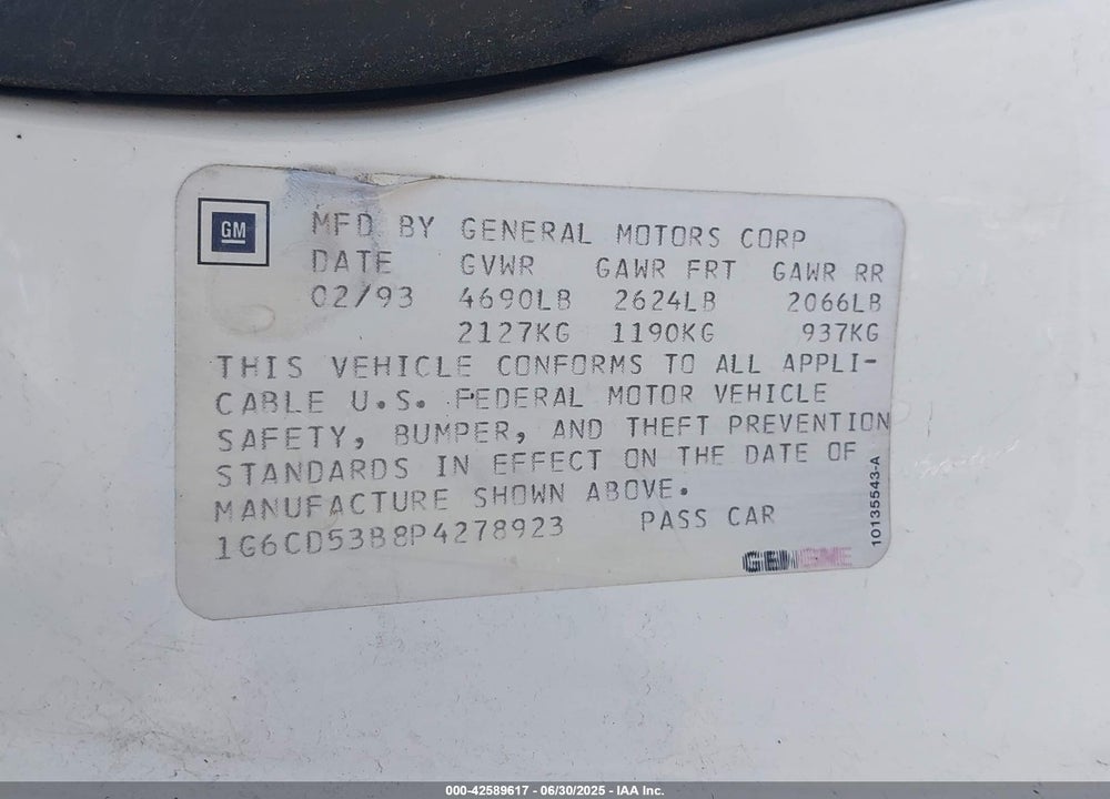 1993 CADILLAC DEVILLE VIN: 1G6CD53B8P4278923