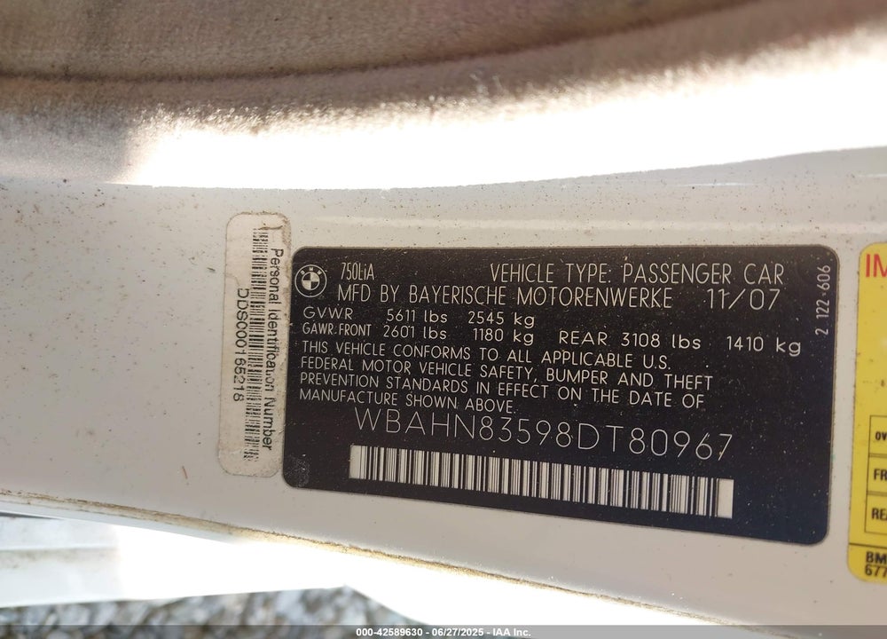 2008 BMW 750LI VIN: WBAHN83598DT80967