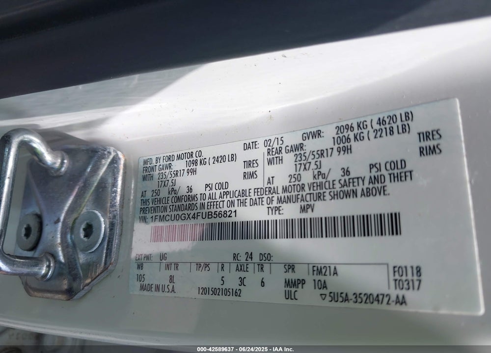 2015 FORD ESCAPE VIN: 1FMCU0GX4FUB56821