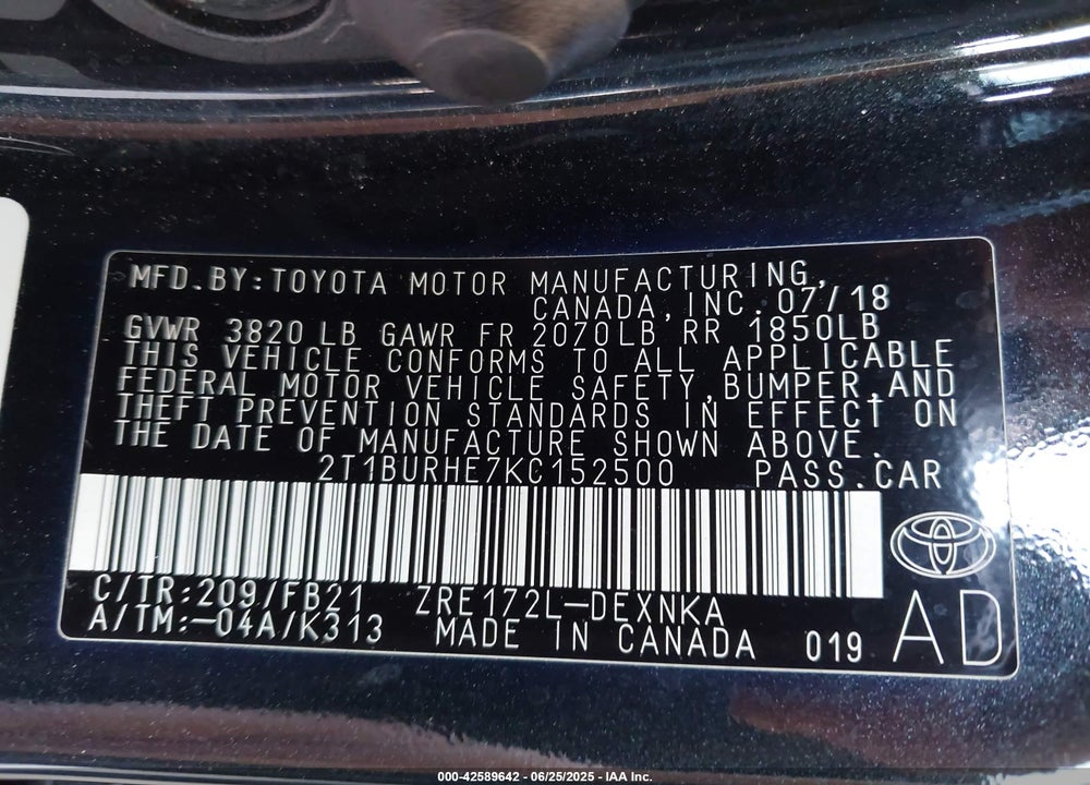 2019 TOYOTA COROLLA VIN: 2T1BURHE7KC152500