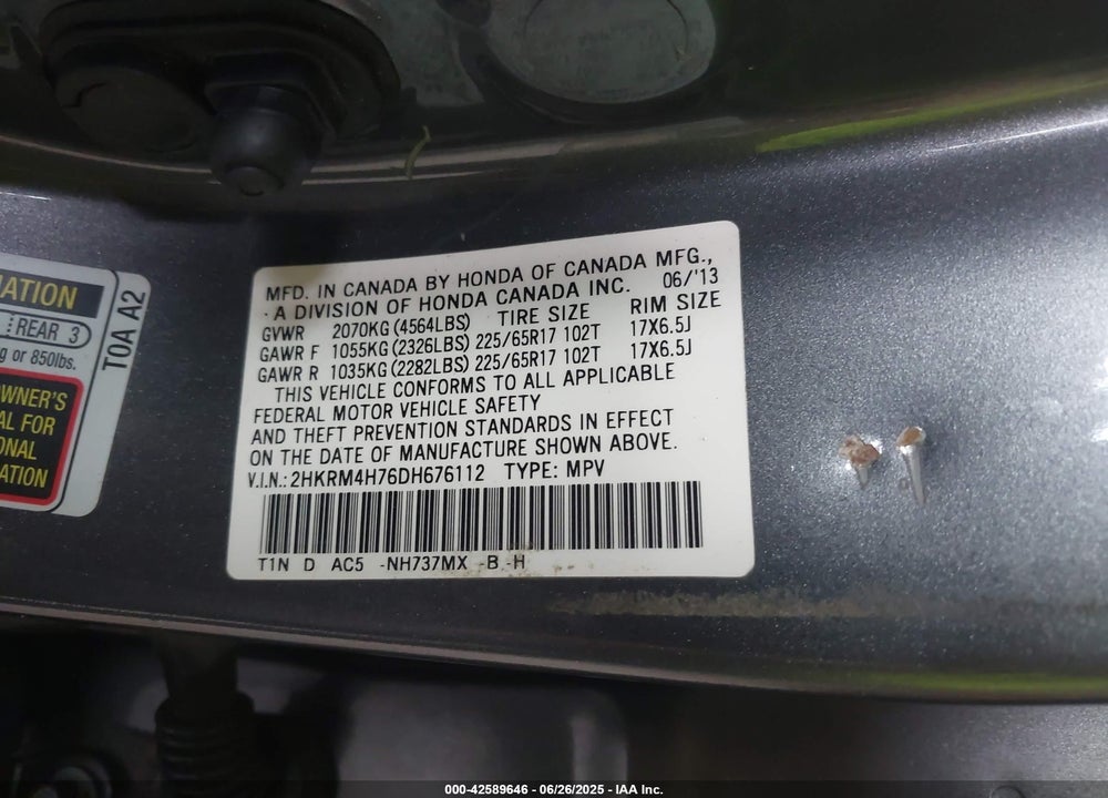 2013 HONDA CR-V VIN: 2HKRM4H76DH676112