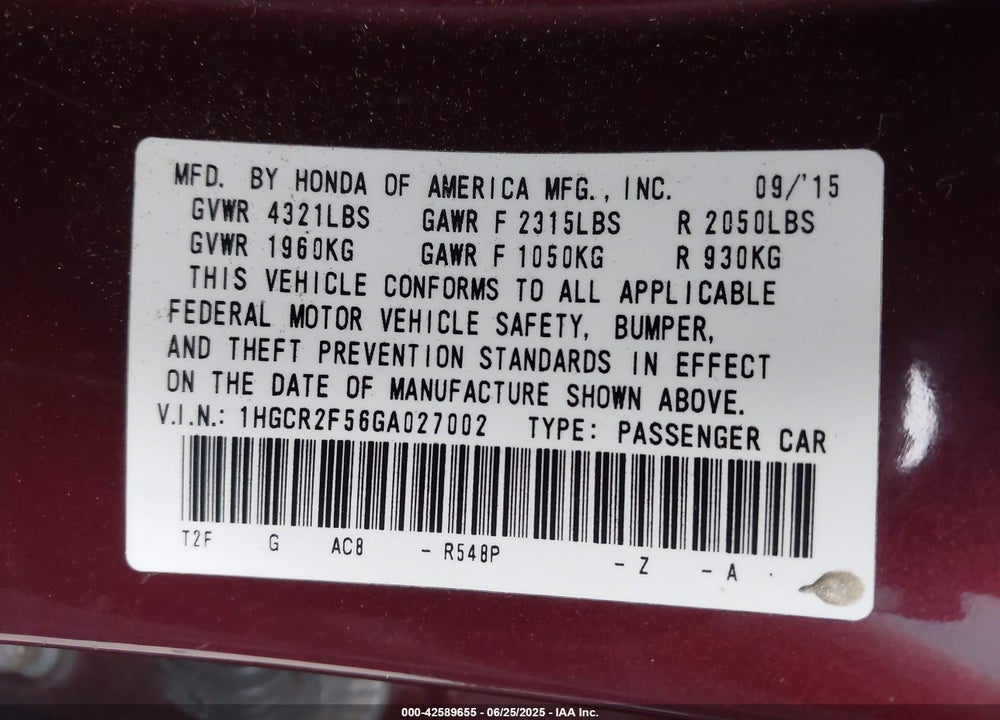 2016 HONDA ACCORD SPORT VIN: 1HGCR2F56GA027002