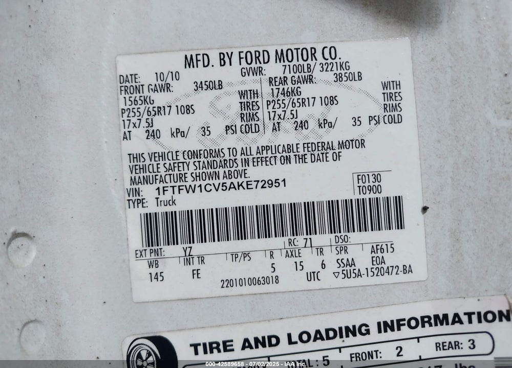 2010 FORD F-150 VIN: 1FTFW1CV5AKE72951