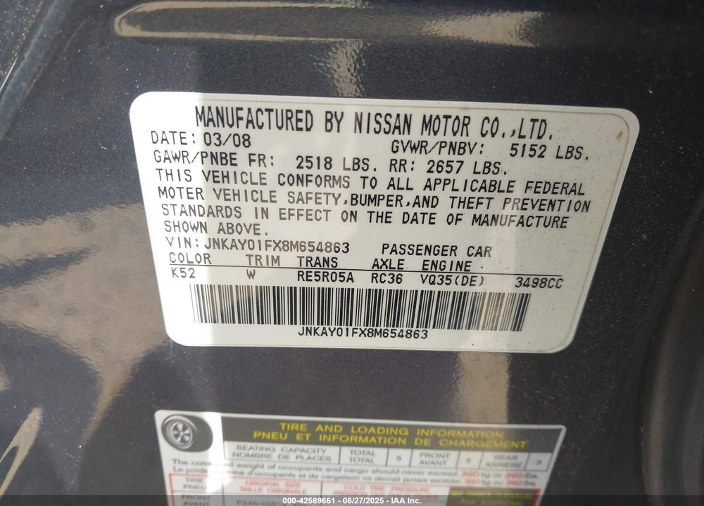 2008 INFINITI M35X VIN: JNKAY01FX8M654863