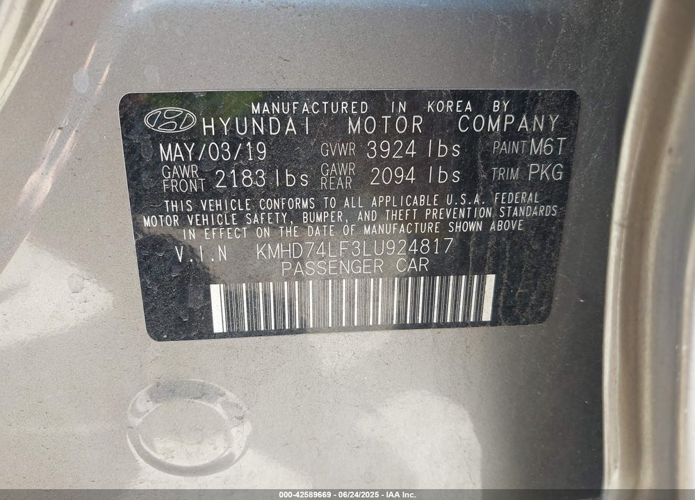 2020 HYUNDAI ELANTRA VIN: KMHD74LF3LU924817