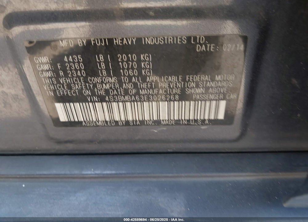 2014 SUBARU LEGACY VIN: 4S3BMBA63E3026268