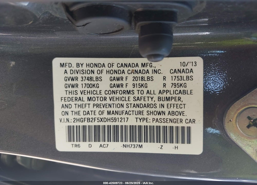 2013 HONDA CIVIC VIN: 2HGFB2F5XDH591217