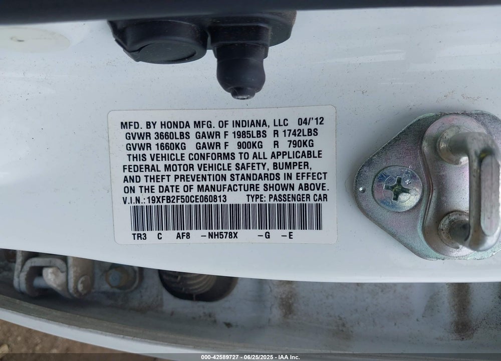 2012 HONDA CIVIC LX VIN: 19XFB2F50CE060813