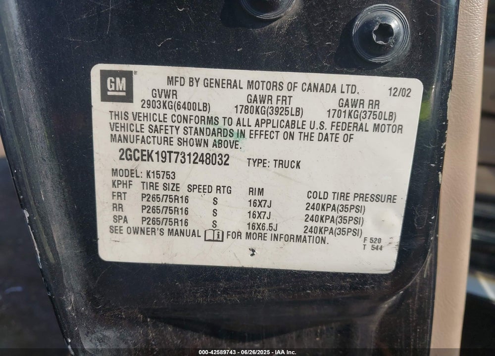 2003 CHEVROLET SILVERADO 1500 LT VIN: 2GCEK19T731248032