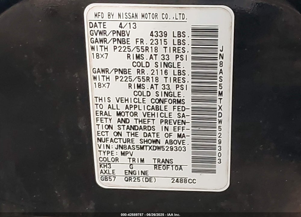 2013 NISSAN ROGUE VIN: JN8AS5MTXDW529303